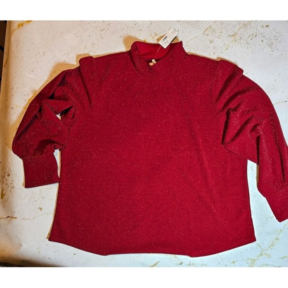 NWT Maurices Red Sparkle Puff Sleeve Top Women’s 2X Mock Neck Long Sleeve